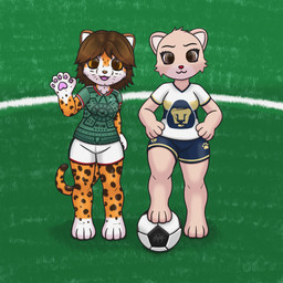 4_toes 5_fingers anthro ball barefoot brown_hair chibi clothing duo feet female fingers gesture hair mascot mexican mexico soccer soccer_ball soccer_field soccer_uniform sport sportswear toes uniform waving waving_at_viewer kumachi club_universidad_nacional fifa liga_mx goya_(pumas_unam) tepey_(kumachi) cougar felid feline jaguar mammal pantherine 1:1 absurd_res hi_res