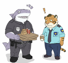 anthro biped bottomwear clothing duo exclamation_point humanoid_hands kemono male overweight overweight_male pants police police_badge police_uniform shirt simple_background topwear uniform white_background hodol aquatic felid fish mammal pantherine shark tiger 2015