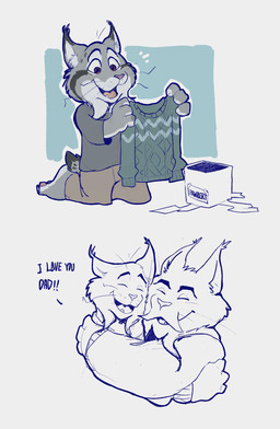 anthro barefoot barely_visible_pawpads bottomwear box claws clothing container dialogue duo eyes_closed feet finger_claws gift_box happy holding_clothing holding_object holding_sweater holding_topwear hug kneeling male male_anthro mature_anthro mature_male open_mouth pants pawpads paws pink_pawpads plantigrade shirt simple_background sweater toe_claws toes topwear gr_thegreat disney zootopia milton_lynxley pawbert_lynxley canada_lynx felid feline lynx mammal comic hi_res sketch father_(lore) father_and_child_(lore) father_and_son_(lore) parent_(lore) parent_and_child_(lore) parent_and_son_(lore) son_(lore)