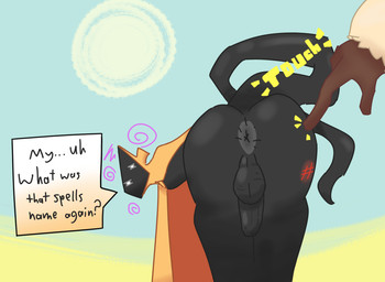 anus balls black_body butt butt_slap cloak cloak_only clothing confusion duo foreskin fur genitals hole_(anatomy) long_tail looking_at_viewer looking_back looking_back_at_viewer male mind_alteration penis simple_background slap small_penis solo speech_bubble sun tail teasing touching_butt white_body white_fur poundfulpanda wiz_(poundfulpanda) goo_creature humanoid