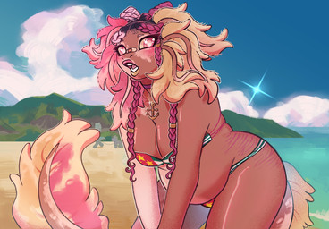 accessory anchor anthro bandage bandage_on_face bandage_on_nose beach big_breasts big_tail bikini black_hair blush box_braids braided_bun braided_hair breasts brown_body brown_skin choker clothing cloud female flag_bikini flag_swimwear fur glistening glistening_body glistening_skin hair hair_accessory hair_bun hair_extensions hair_ring hanging_breasts huge_tail jewelry leaning_over leash lips lipstick long_hair looking_down makeup mottled mottled_body mottled_skin mountain multicolored_body multicolored_fur multicolored_hair necklace overweight painted_background pendant piebald piebald_body piebald_skin pink_eyes pink_hair pink_lips presenting presenting_breasts pupils screencap_redraw sea shocked solo stretch_marks swimwear tail thick_lips two-piece_swimsuit two_tone_body two_tone_fur two_tone_hair vitiligo water white_body white_pupils white_skin yellow_lips yellow_sclera princefizz chainsaw_man background_character korneliusz_heinrich-wozniak_(princefizz) nneka_(princefizz) amphibian aquatic axolotl axolotl_humanoid mole_salamander salamander 2025 absurd_res digital_drawing_(artwork) digital_media_(artwork) hi_res redraw trans_(lore) trans_woman_(lore)