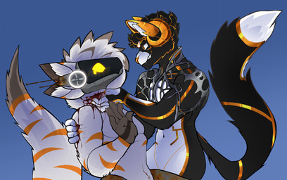anthro black_body black_fur blood blood_from_wound blush bodily_fluids claws countershade_border dipstick_tail duo forced fur gloves_(marking) golden_claws golden_markings gore horn machine male male/male markings multicolored_tail orange_markings protogen_visor raised_hand rust scratches scratching simple_background slit_throat smile smiling_at_another tail tail_markings white_body white_fur worried_look wounded yellow_horn ebboskating akkoi goldycat felid feline mammal protogen absurd_res hi_res shaded simple_shading