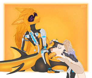 5_fingers accessory animal_genitalia animal_penis anthro anthro_on_anthro bite biting_lip biting_own_lip blonde_hair blue_nails bodily_fluids breasts butt claws clothing colored_nails cybernetic_limb cybernetics duo ear_tuft ears_back equine_genitalia equine_penis exoskeleton eye_contact eyebrows eyelashes fellatio fin fingers genital_fluids genitals glistening glistening_body glistening_butt gold_scales gradient_hair grey_body grey_claws grey_scales gynomorph hair hair_accessory hair_tie hand_on_knee hand_on_leg hand_on_thigh hands_by_side internal internal_oral intersex intersex/male kneeling_oral_position latex latex_clothing latex_skinsuit leaning leaning_backward leaning_forward long_hair looking_at_another machine male markings mechanical_arm metallic_body multicolored_body nails nude oral oral_only oral_penetration orange_body orange_hair orange_penis orange_pupils penetration penile penis pink_nose pink_tongue pivoted_ears ponytail pupils purple_eyebrows purple_eyes purple_hair saliva scales screen screen_face self_bite sex silver_body sitting skinsuit synthetic tail tan_body text thick_tail tight_clothing tongue tongue_out tongue_out_fellatio tuft two_tone_body white_body white_eyelashes x-ray_view yellow_sclera rhaelrhaelrasputin rhael_(rhaelrhaelrasputin) aquatic fish goo_creature human hybrid mammal pangolin shark absurd_res hi_res
