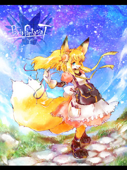 4_toes 5_fingers anthro biped blonde_hair blue_eyes breasts clothing dress feet female fingers footwear fur gloves hair handwear heterochromia kemono long_hair multi_tail open_mouth orange_body orange_eyes orange_fur sandals satchel scarf shoes small_breasts smile solo standing tail text toes white_clothing white_gloves white_handwear dufy canid canine fox mammal red_fox true_fox 2015 3:4 english_text