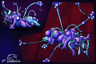 ambiguous_gender antennae_(anatomy) anthro back_tentacles biped blue_body blue_markings body_horror dipstick_tail dipstick_tentacles markings purple_body striped_markings stripes tail tail_markings tentacles tongue tongue_out whiskers doesnotexist gyrotech rain_world videocult yoku_(gyrotech) rot_(rain_world) slugcat 3:2 hi_res