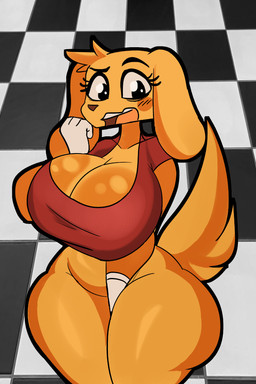 anthro big_breasts big_butt black_eyes blush bottomless breasts brown_nose butt clothed clothing covering covering_crotch crossgender female floor fur gloves handwear huge_breasts huge_butt huge_thighs looking_at_viewer looking_down midriff mtf_crossgender open_mouth orange_body orange_fur solo thick_thighs tile tile_floor white_clothing white_gloves white_handwear wide_hips yellow_body yellow_fur floofwheelz glitch_productions the_amazing_digital_circus scratch_(tadc) canid canine canis domestic_dog mammal hi_res