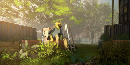 anthro black_nose blonde_hair bottomwear brown_body brown_bottomwear brown_clothing brown_ears brown_fur brown_pants clothed clothing fully_clothed fur hair ladder male melee_weapon mouth_closed neck_tuft outside pants plant shrub sitting solo sword three-quarter_view topwear tree tuft unsigned weapon white_clothing white_topwear yellow_body yellow_fur yellow_inner_ear awaldkize canid mammal absurd_res digital_media_(artwork) full-length_portrait hi_res mixed_media portrait