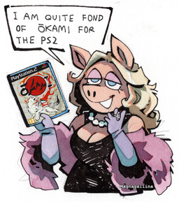 4_fingers anthro armwear big_breasts black_clothing black_dress blonde_hair blue_eyes breasts cleavage clothed clothing dress elbow_gloves eyelashes female fingers fur_boa game_case gloves hair half-closed_eyes handwear holding_object jewelry narrowed_eyes necklace open_mouth pink_body pink_ears ring simple_background snout solo speech_bubble text white_background white_jewelry white_necklace magnagallina capcom muppets okami_(capcom) playstation playstation_2 sony_corporation sony_interactive_entertainment miss_piggy domestic_pig mammal muppet suid suine sus_(pig) english_text half-length_portrait hi_res painting_(artwork) portrait watercolor_(artwork) watermark