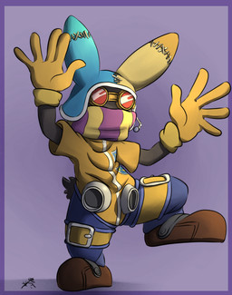 5_fingers anthro belt_buckle bent_leg black_body black_fur black_tail blue_clothing blue_hat blue_headwear border brown_clothing brown_footwear brown_shoes buckle clothed clothed_anthro clothed_male clothing eyewear fingers fluffy fluffy_tail footwear fully_clothed fully_clothed_anthro fully_clothed_male fur gloves goggles goggles_on_face handwear hat headgear headwear light male male_anthro multicolored_scarf on_one_leg pattern_clothing pattern_scarf purple_background purple_border purple_scarf scarf shirt shoes simple_background solo standing stitch_(sewing) striped_clothing striped_scarf stripes tail topwear two_tone_scarf yellow_clothing yellow_eyewear yellow_gloves yellow_goggles yellow_handwear yellow_shirt yellow_stripes yellow_topwear silas_blackwing dark_chronicle level-5 osmond_(dark_cloud) lagomorph mammal moon_person 2019 absurd_res colored digital_drawing_(artwork) digital_media_(artwork) hi_res lighting shaded signature