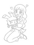 blush duo female feral hair heart_symbol long_hair male nyarths3 bandai_namco digimon digimon_ghost_game ruri_tsukiyono bosamon digimon_(species) human lagomorph leporid mammal rabbit waddling_head line_art monochrome