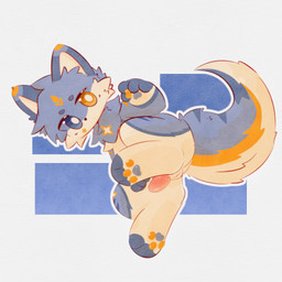 anthro balls blue_body blue_eyes blue_fur blush butt digitigrade fluffy fur genitals heterochromia legs_up lying male on_back pawpads penis pink_penis presenting presenting_hindquarters solo tail white_body white_fur yellow_eyes zodiaczang starrin canid canine canis mammal wolf hi_res