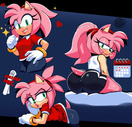 aged_up anthro bed bodily_fluids butt calendar clothing different_styles ear_piercing ear_ring female furniture hair heart_symbol jewelry lipstick makeup multiple_poses piercing pink_body ponytail pose ring_piercing simple_background solo sweat blue_archer_(artist) idw_publishing sega sonic_the_hedgehog_(comics) sonic_the_hedgehog_(idw) sonic_the_hedgehog_(series) amy_rose eulipotyphlan hedgehog mammal absurd_res colored concept_art hi_res
