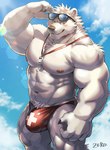 abs anthro barazoku beach biceps blue_eyes blue_sky claws clothed clothing cloud day deltoids eyewear eyewear_on_head finger_claws fur hair lifeguard lifeguard_swimsuit light light_beam looking_aside male muscular muscular_anthro muscular_male muscular_thighs navel nipples obliques pubes red_clothing red_speedo red_swimwear seaside sky solo speedo speedo_only standing sunbeam sunglasses sunglasses_on_head sunlight swimwear topless triceps whistle_(object) white_body white_fur white_hair zero_087 bear mammal polar_bear ursine 2023 artist_name hi_res portrait three-quarter_portrait