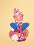 anthro barefoot biped clothed clothing eyes_closed feet feet_together front_view male plantigrade simple_background sitting slim smile solo topless piti_yindee mao_(chirenbo) ailurid mammal red_panda hi_res