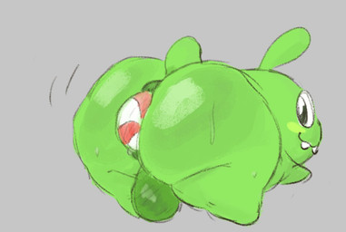 anal anal_penetration anus balls bodily_fluids butt candy dessert feral food food_fetish food_in_ass food_insertion food_play genitals green_body improvised_sex_toy male not_furry penetration solo sweat teeth theroostz om_nom nommie