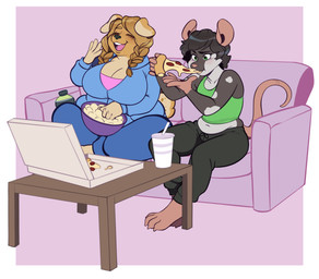 anthro belly beverage_can big_breasts big_butt breasts butt clothed clothing duo eating eating_food female floppy_ears food freckles furniture hair male overweight pizza ponytail sofa thick_thighs mochi-squish lana_baker bird_dog canid canine canis domestic_dog hunting_dog mammal murid murine rat retriever rodent absurd_res hi_res