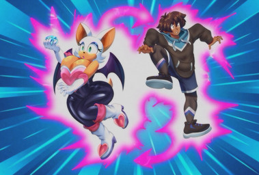 anthro big_breasts black_bodysuit black_clothing black_skinsuit black_wings blue_background body_swap bodysuit bottomwear breasts brown_clothing brown_footwear brown_hoodie brown_topwear cleavage clothed clothing dark_body dark_skin diamond_(gem) directional_arrow duo eyelashes female footwear fur furgonomics gem glistening glistening_body glistening_fur green_eyes hair holding_gem holding_object hoodie male motion_lines pink_aura shorts simple_background skinsuit tail tan_body tight_clothing topwear white_clothing white_footwear white_hair wide_hips wings lueduar sega sonic_the_hedgehog_(series) axel_(poke789) rouge_the_bat bat human mammal full-length_portrait hi_res portrait widescreen