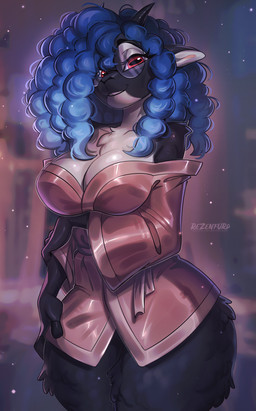anthro bathrobe biped black_body black_fur blue_hair bottomless bottomless_anthro bottomless_female breasts chest_tuft clothed clothed_anthro clothed_female clothing countershade_torso countershading curvy_figure eyewear female fingers front_view fur glasses hair hand_on_hip hand_under_breast horn looking_at_viewer partially_clothed partially_clothed_anthro partially_clothed_female red_eyes robe smile solo standing thick_thighs topwear tuft wearing_glasses white_body white_fur wide_hips tlt_echelon serenity_(laggyb0i) bovid caprine mammal sheep 2025 absurd_res digital_drawing_(artwork) digital_media_(artwork) hi_res