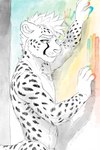 abstract_background anthro cheetah felid feline fingerpainting fur hi_res leon_(leon_cheetah) leon_cheetah mammal markings nude side_eye sketch spots spotted_body spotted_fur standing wall_painting watercolor_(artwork)