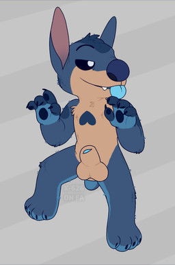 4_toes animal_genitalia balls blue_body blue_claws blue_eyes blue_fur blue_markings blue_nose blue_pawpads blue_tongue claws cute_fangs fangs feet finger_claws fingerless_(marking) fingerless_gloves_(marking) fur genitals gloves_(marking) grey_background head_tuft male markings pattern_background pawpads semi-anthro sheath simple_background small_tail solo striped_background tail tan_balls teeth toes tongue tongue_out tuft spacegaylien disney lilo_and_stitch fan_character tasi_(fan_experiment) alien experiment_(lilo_and_stitch) 2022 flat_colors watermark