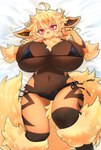 5_fingers anthro anthrofied big_breasts bikini black_bikini black_clothing black_swimwear blonde_hair blush breasts brown_body brown_fur clothed clothing eyebrow_through_hair eyebrows female fingers fur hair huge_breasts looking_at_viewer lying multicolored_body multicolored_fur navel on_back open_mouth orange_body orange_fur pokemorph red_eyes side-tie_bikini side-tie_clothing side-tie_swimwear solo string_bikini swimwear tan_body tan_fur text thick_thighs translucent translucent_hair triangle_bikini two-piece_swimsuit untied_bikini wide_hips sbi_arki nintendo pokemon arcanine generation_1_pokemon pokemon_(species) absurd_res hi_res