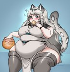 big_breasts blush breasts clothing container cookie cookie_jar eating exclamation_point female food grey_hair hair huge_breasts huge_thighs jar looking_at_viewer markings navel obese obese_female obese_humanoid open_mouth overweight overweight_female overweight_humanoid sitting solo spots spotted_markings spotted_tail tail tail_markings thick_thighs cakecatboy arknights hypergryph studio_montagne pramanix_(arknights) animal_humanoid felid felid_humanoid feline feline_humanoid humanoid mammal mammal_humanoid pantherine snow_leopard absurd_res hi_res