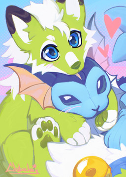 accessory ambiguous_gender bell blue_eyes blush blush_lines cheek_tuft duo facial_tuft feral feral_with_hair fur furgonomics green_body green_fur green_nose green_pawpads hair heart_symbol hug hugging_object hugging_plushie looking_at_viewer markings nude pawpads paws plushie snout tail tail_accessory tail_bell tuft white_hair white_markings chibichu~ nintendo pokemon canid canine eeveelution fox generation_1_pokemon mammal pokemon_(species) vaporeon hi_res