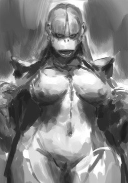 abstract_art alternative_fashion anthro areola bangs bottomless breasts clothed clothing facial_tattoo female genitals goth jacket jacket_only medium_breasts navel nipples open_clothing open_jacket open_mouth open_topwear simple_background solo standing tattoo thick_thighs topwear topwear_only vulva wide_hips marquessbronze haplorhine mammal monkey primate 2025 greyscale hi_res monochrome sketch
