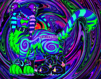 abstract_background ambiguous_gender armwear big_feet bright_colors claws clothing collar coontail_hair countershading ear_piercing eyebrows feet feral feral_with_hair footwear fur hair multicolored_body multicolored_fur open_mouth paws piercing scar self-harm_scars shoes sneakers socks solo sparklefur spiral_background spiral_markings standing stripes username skunkbitez felid mammal pantherine tiger 2026 colorful_theme cool_colors hi_res neon_colors watermark
