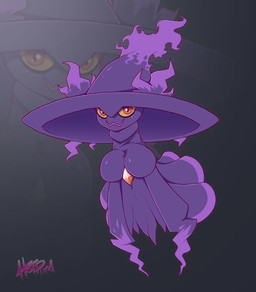 big_breasts breasts clothed clothing female floating hat headgear headwear huge_breasts looking_at_viewer not_furry simple_background solo witch_hat hotpixa nintendo pokemon generation_4_pokemon ghost humanoid mismagius pokemon_(species) spirit hi_res