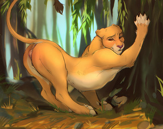 anus butt claws female female_feral feral forest fur genitals humanoid_genitalia humanoid_genitalia_on_feral humanoid_vulva humanoid_vulva_on_feral plant quadruped raised_tail smile solo stretching tail tail_anus tail_tuft tan_body tan_fur tree tuft vulva yellow_body yellow_fur yanzer disney the_lion_king kiara_(the_lion_king) felid lion mammal pantherine hi_res
