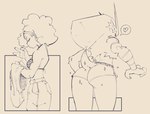 anthro biped bottomwear breasts butt clothed clothing duo female fur hair heart_symbol looking_back open_mouth rear_view sewing short_tail shorts side_view speech_bubble tail elicazzz nintendo pokemon blaziken generation_3_pokemon human mammal pokemon_(species)