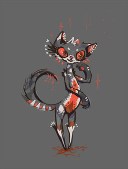 ambiguous_gender anthro fur grey_body grey_fur grey_tail red_body red_fur red_nose red_sclera smile solo sparkles tail naircat domestic_cat felid feline felis mammal 2015 full-length_portrait portrait