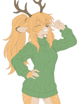 2_horns 5_fingers anthro bangs biped blush blush_lines bottomless bottomless_anthro bottomless_female breasts brown_body brown_fur brown_hair clothed clothed_anthro clothed_female clothing eyebrows eyelashes eyes_closed female fingers front_view fur gesture green_clothing green_sweater green_topwear green_turtleneck grin grinning_at_viewer hair hand_gesture hand_on_hip happy horn inner_ear_fluff long_hair medium_breasts ponytail pose raised_arm simple_background smile smiling_at_viewer spots standing sweater sweater_only teeth_showing topwear topwear_only tuft turtleneck v_sign white_spots eneki_sei deer mammal 2026 3:4 chinese_description colored digital_drawing_(artwork) digital_media_(artwork) flat_colors hi_res portrait three-quarter_portrait