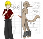 anthro basitin bathroom blonde_hair bodily_fluids bottomwear bottomwear_down brown_hair canid canine chest_tuft clothed clothing conditional_dnp dialogue digitigrade duo english_text erection eric_vaughan eyewear genitals glasses glory_hole hair human human_on_anthro humor interspecies keith_keiser knot knotted_glory_hole knotting male male/male mammal nude open_mouth panicking pants pants_down partially_clothed penis public_restroom restricted_palette restroom_stall sex shirt smile speech_bubble stuck stuck_genitals stuck_knot stuck_penis sweat tail text toilet tom_fischbach topwear tuft twokinds underwear yellow_eyes