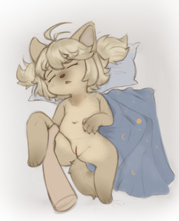 anthro bedding blanket blonde_hair clitoris female flat_chested genitals hair leg_grab nude pillow sleep_molestation sleeping solo_focus spread_legs spreading thigh_grab tied_hair vulva young chisanakei cyberconnect2 fuga:_melodies_of_steel little_tail_bronx mei_marzipan canid canine caninu canis domestic_dog mammal absurd_res hi_res