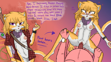 anthro bass_guitar blush breasts casual_exposure clock clothed clothing dialogue female flannel_shirt genitals guitar interspecies kerchief looking_at_viewer male musical_instrument nipples nude partially_clothed plucked_string_instrument sex smoking string_instrument text watch whiskers wristband wristwatch lerasmel kreed_(lerasmel) domestic_cat domestic_pig felid feline felis mammal suid suine sus_(pig) digital_drawing_(artwork) digital_media_(artwork) english_text hi_res