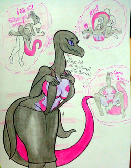 anthro big_breasts bodily_fluids breasts clothing cuddling cum cum_inside dress duo female genital_fluids genitals male male/female pheromones sex text thick_thighs thought_bubble tongue vulva elangelote nintendo pokemon anon amphibian generation_7_pokemon human mammal pokemon_(species) salamander salazzle absurd_res hi_res spanish_text