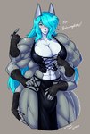 6_arms anthro big_breasts blue_eyes blue_hair breasts bulge cleavage clothed clothed_anthro clothed_gynomorph clothed_intersex clothing gynomorph hair intersex long_hair multi_arm multi_limb multifur muscular muscular_gynomorph muscular_intersex muscular_thighs smile solo thick_thighs wmdiscovery93 asura_(balmungofsky) canid canine canis domestic_dog husky mammal nordic_sled_dog spitz hi_res