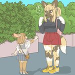 anthro bottomwear clothed clothing duo exclamation_point female footwear kemono shoes skirt ekaki510 african_wild_dog canid canine lagomorph leporid mammal rabbit 1:1