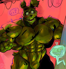 abs ambiguous_gender anthro areola barazoku barely_visible_butt big_muscles big_pecs blush clothed clothing duo heart_symbol huge_muscles huge_pecs huge_thighs machine male male/ambiguous male_focus manly muscular muscular_anthro muscular_arms muscular_male nipples partially_clothed pecs question_mark speech_bubble surprised tail thick_arms thick_thighs its_coldpizza five_nights_at_freddy's five_nights_at_freddy's_3 scottgames springtrap_(fnaf) animate_inanimate animatronic lagomorph leporid mammal rabbit robot absurd_res hi_res