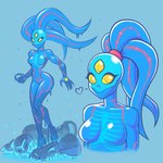 1:1 3_eyes absurd_res alien alien_humanoid blue_background blue_body breasts dark_samus eyelashes featureless_breasts featureless_crotch female goo_creature goo_humanoid guilhermerm hair heart_symbol hi_res humanoid looking_at_viewer metroid metroid_prime multi_eye nintendo orange_eyes ponytail pseudo_hair rib_cage simple_background small_breasts small_waist solo tentacle_hair tentacles thick_thighs translucent translucent_body visible_bone wide_hips yellow_sclera