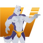 5_fingers anthro areola biceps biped briefs clothed clothing fingers front_view fur gesture grey_body grey_fur hand_gesture head_turned humanoid_hands looking_aside male multicolored_body multicolored_fur muscular muscular_anthro muscular_male navel nipples open_mouth orange_clothing orange_underwear pecs pointing pose purple_body purple_eyes purple_fur simple_background smile solo standing tail teeth topless topless_anthro topless_male underwear fullbodywolf edge_(fullbodywolf) canid canine canis domestic_dog husky mammal nordic_sled_dog spitz 2023 colored hi_res pinup portrait three-quarter_portrait