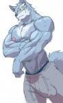 2017 anthro biceps big_muscles canid canine canis clothed clothing fur green_eyes hi_res male mammal muscular muscular_anthro muscular_male nipples pecs solo topless tsukigata_rossi wolf