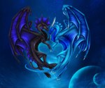 ambiguous_gender black_body blue_body duo feral flying glowing membrane_(anatomy) membranous_wings planet quadruped red_eyes sky space star starry_sky tail wings yellow_eyes selianth mythology brokshax_(character) vality dragon mythological_creature mythological_scalie scalie 6:5 hi_res