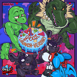 3_toes 5_fingers abs anniversary anthro armwear bottomwear bulge cake clothed clothing dessert eye_mask feet fingerless_gloves fingers food footwear gloves green_body group handwear legwear loincloth loincloth_only male mask mostly_nude muscular muscular_anthro muscular_male nipples non-mammal_nipples number_candle open_mouth pecs simple_background smile swimming_trunks swimwear tail teeth text toes tongue tongue_out topless topless_anthro topless_male puggy full_frontal_frog mythology oh_so_hero! gatis_(oh_so_hero!) joe_(oh_so_hero!) ket_ralus_(character) alien crocodile crocodilian daku dragon mythological_creature mythological_scalie reptile scalie digital_media_(artwork) english_text hi_res