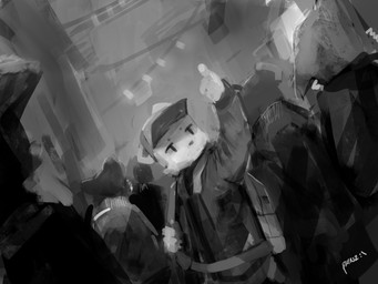 ambiguous_gender anthro backpack cheek_tuft clothed clothing crowd facial_tuft group hat headgear headwear male standing tuft panzery25 pines_(panzery25) bear canid canine canis mammal polar_bear unknown_species ursine wolf 2018 4:3 greyscale hi_res monochrome signature