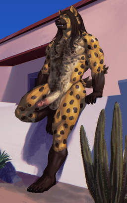 5_fingers 5_toes anthro balls black_hair black_nose body_hair brown_body brown_fur cactus chest_hair erection feet fingers fur genitals glans hair hindpaw humanoid_hands male markings navel nipples nude nude_anthro nude_male outdoor_nudity outside paws penis plant pubes sand solo spots spotted_body spotted_fur standing toes vein veiny_penis oieoiedonut whiplash_hyena hyena mammal spotted_hyena absurd_res hi_res