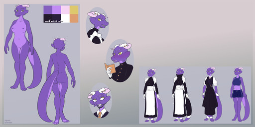 accessory anthro clothed clothing collared_shirt cuffs_(clothing) fangs female fully_clothed gloves handwear horn maid_apron maid_uniform multicolored_body necktie nipples nude pupils purple_body shirt slit_pupils solo tail teeth topwear two_tone_body uniform yellow_eyes signed.lavender vicki_(lcut) kobold scalie 2:1 digital_drawing_(artwork) digital_media_(artwork) full-length_portrait hi_res model_sheet portrait