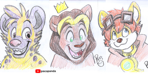 anthro blue_eyes brown_body brown_fur brown_nose cheek_tuft facial_spots facial_tuft fangs front_view fur green_eyes grin logo male markings nude open_mouth open_smile purple_markings simple_background smile solo spotted_face spotted_neck spotted_shoulder teeth tuft white_background white_body white_fur yellow_body yellow_fur young young_anthro young_male pandapaco canid canine felid fox hyena lion mammal pantherine artist_logo bust_portrait hi_res multiple_images portrait signature traditional_media_(artwork)